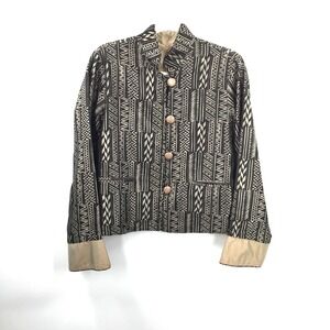 tribal geometric lagenlook art to wear Black Gold reversible silk Jacket artsy L